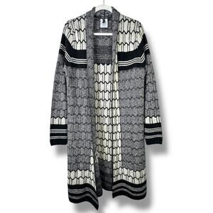 BCBGMaxazria Y2K Black Geometric Print Open Front Soft Longline Duster Cardigan